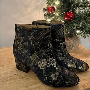Franco Sarto Black and Gold Floral Brocade Ankle Boots